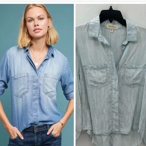CLOTH & STONE S chambray blue-white long sleeve roll arm woman casual blouse